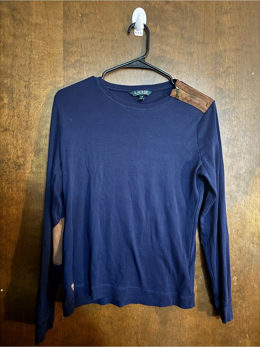 Ralph Lauren Navy Long-Sleeve Crewneck with Brown Shoulder Patch